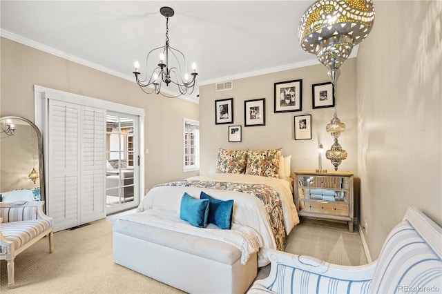 18 Club Ln, Littleton, CO 80123 - carpeted bedroom featuring crown molding, a chandelier, access to exterior, and visible vents