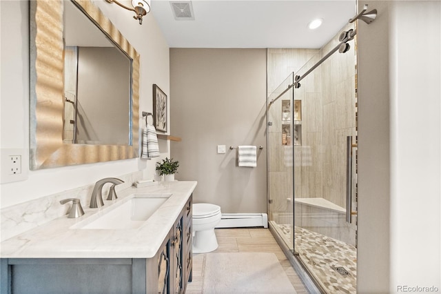 18 Club Ln, Littleton, CO 80123 - full bathroom featuring toilet, a stall shower, visible vents, a baseboard heating unit, and vanity