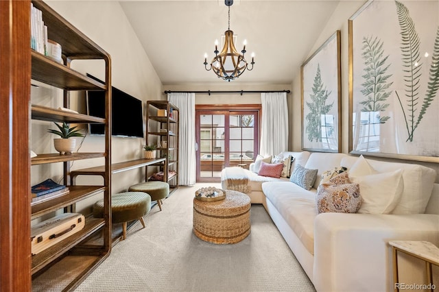 18 Club Ln, Littleton, CO 80123 - living area with carpet flooring, a chandelier, and vaulted ceiling