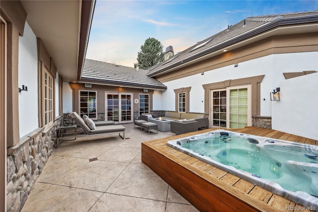 18 Club Ln, Littleton, CO 80123 - view of swimming pool featuring an outdoor hot tub, a patio, and an outdoor living space