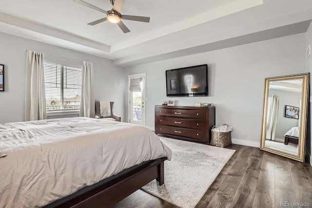bedroom with baseboards, dark wood finished floors, a tray ceiling, and multiple windows