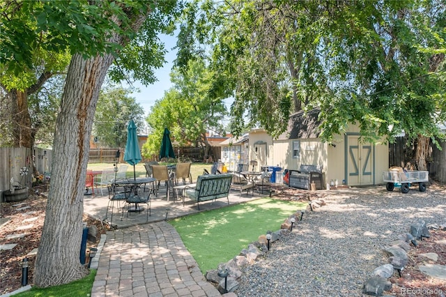 view of yard featuring an outbuilding, a patio, a storage unit, and a fenced backyard