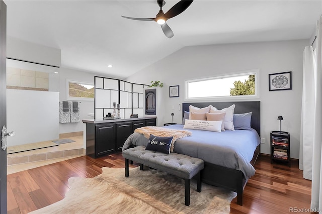 bedroom featuring a ceiling fan, wood finished floors, lofted ceiling, and recessed lighting