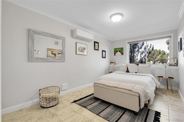 bedroom featuring ornamental molding, baseboards, and a wall unit AC
