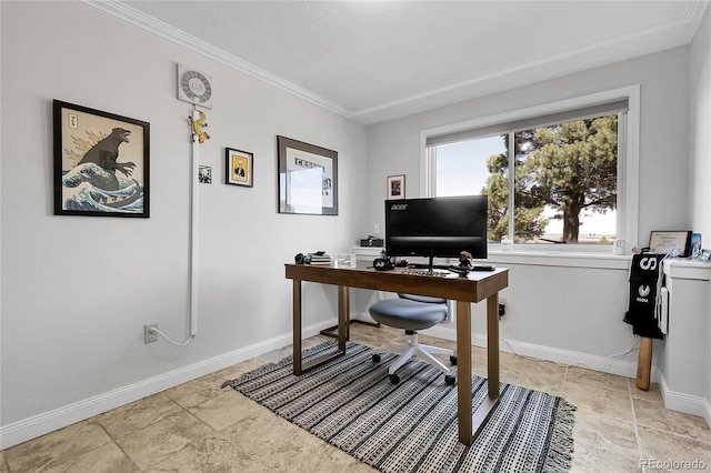 office featuring baseboards, stone finish flooring, and ornamental molding