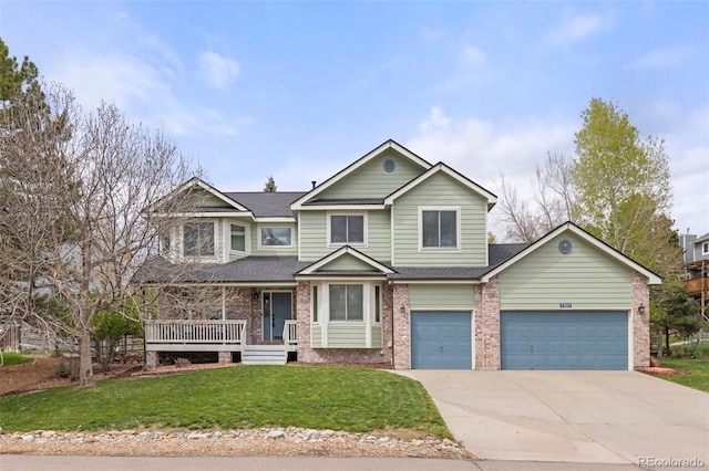 craftsman-style home featuring a porch, driveway, a front yard, brick siding, and a shingled roof