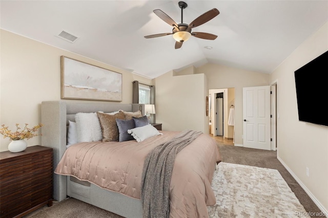 bedroom with a ceiling fan, visible vents, baseboards, lofted ceiling, and carpet