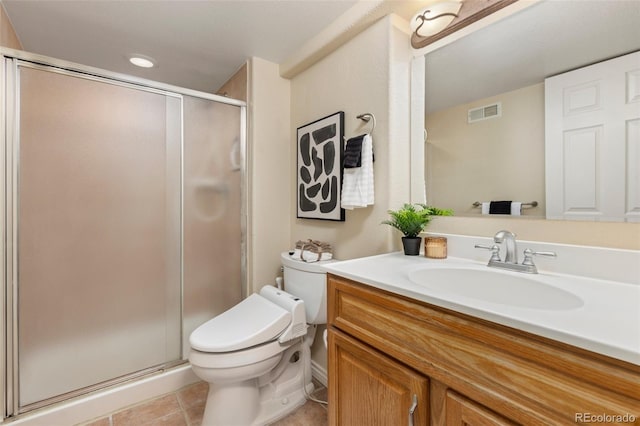 bathroom featuring visible vents, vanity, toilet, tile patterned floors, and a shower stall