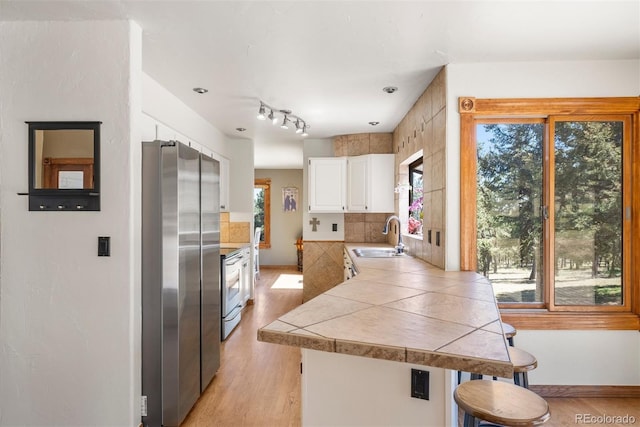 kitchen with stainless steel fridge, a wealth of natural light, and sink