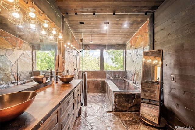 bathroom featuring vanity, a healthy amount of sunlight, a tub to relax in, and wooden walls