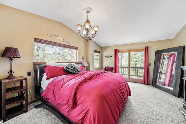 carpeted bedroom featuring access to exterior, lofted ceiling, and a notable chandelier