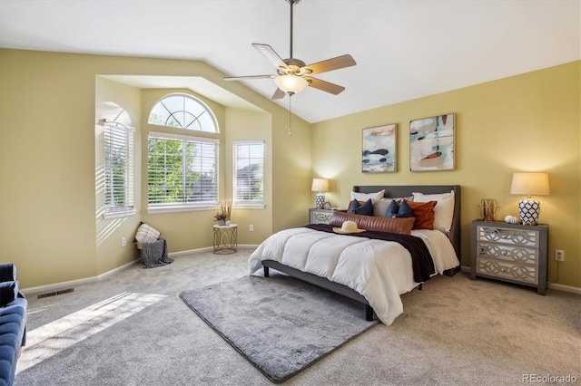15597 E Dorado Ave, Centennial, CO 80015 - bedroom featuring carpet floors, lofted ceiling, baseboards, and ceiling fan
