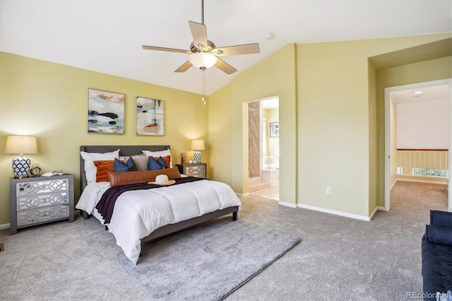 15597 E Dorado Ave, Centennial, CO 80015 - carpeted bedroom with lofted ceiling, baseboards, ensuite bath, and ceiling fan