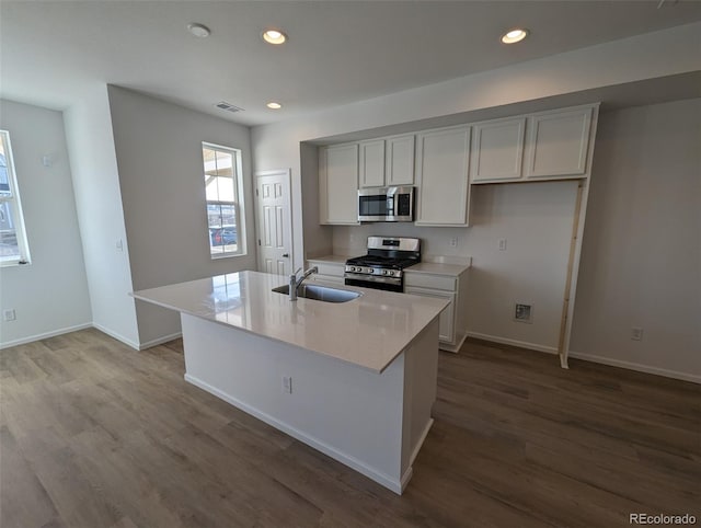 kitchen featuring wood-type flooring, appliances with stainless steel finishes, a kitchen island with sink, and sink