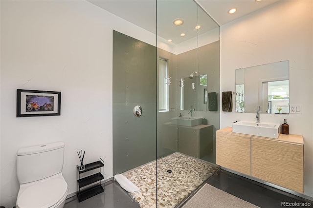 3850 Vallejo St, Denver, CO 80211 - full bathroom with toilet, two vanities, recessed lighting, and a walk in shower