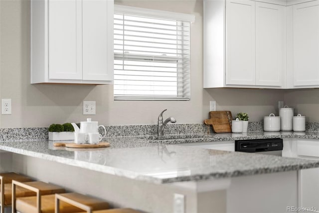 kitchen with dishwashing machine, a sink, light stone countertops, and white cabinets