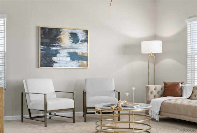 living area featuring baseboards and carpet flooring