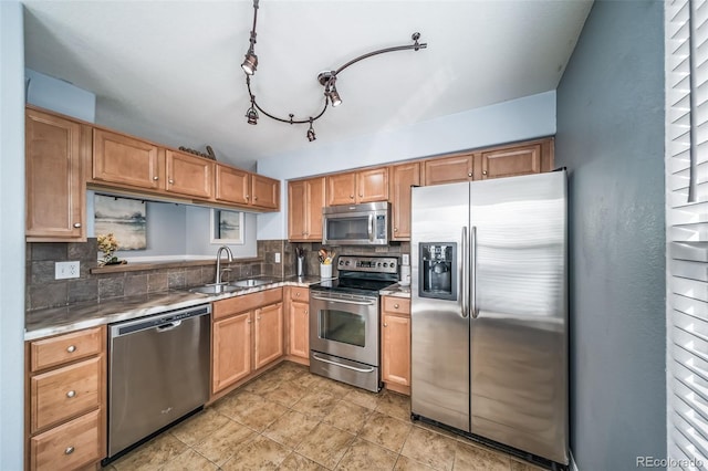 kitchen featuring backsplash, appliances with stainless steel finishes, and a sink