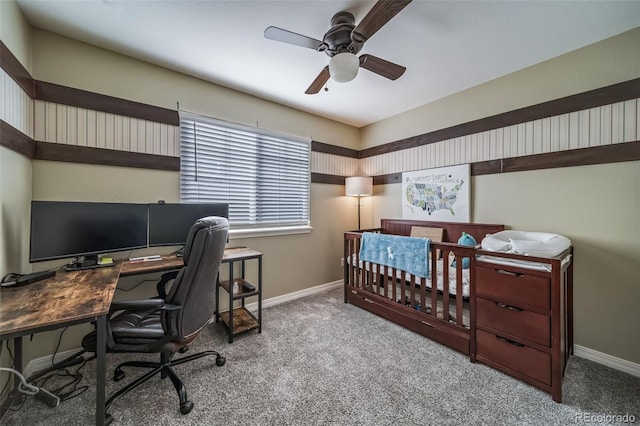 bedroom featuring a ceiling fan, baseboards, and carpet floors