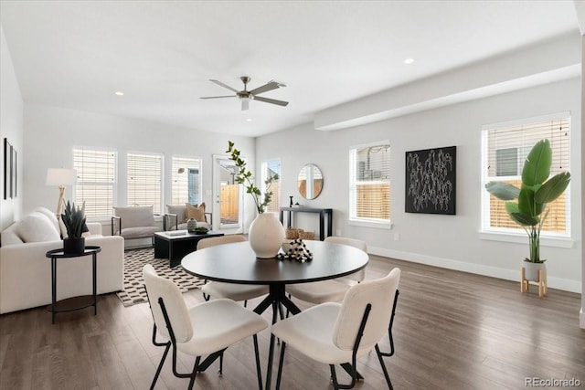 dining room featuring a ceiling fan, recessed lighting, dark wood-style floors, and baseboards