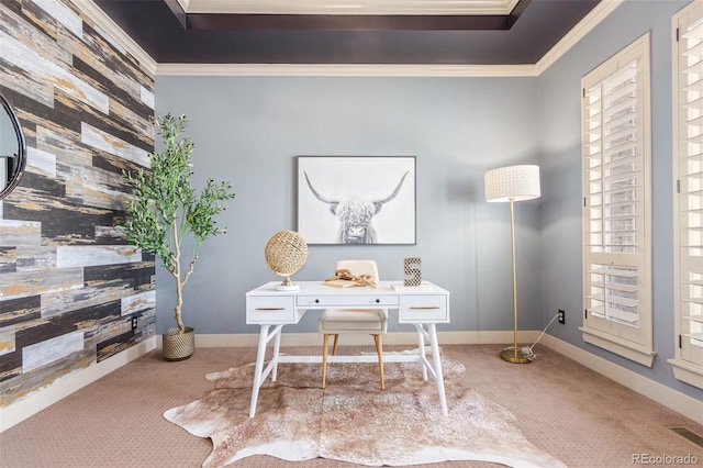 carpeted home office featuring ornamental molding