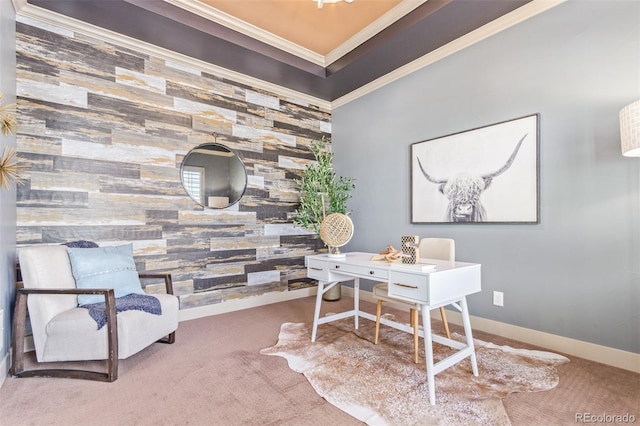 office space with carpet and ornamental molding