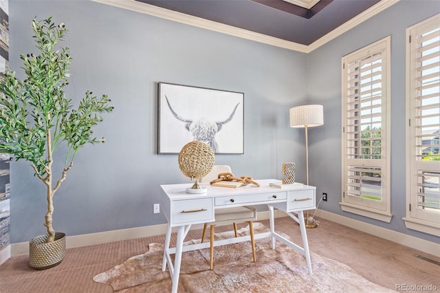 carpeted office space with crown molding