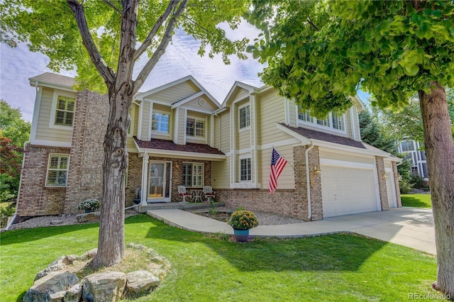 10032 Astoria Ct, Lone Tree, CO 80124 - view of front facade with brick siding, driveway, an attached garage, and a front lawn