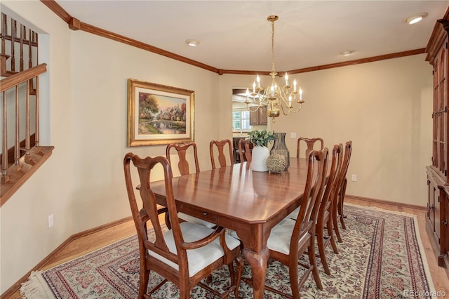 10032 Astoria Ct, Lone Tree, CO 80124 - dining space featuring a chandelier, crown molding, light wood-type flooring, recessed lighting, and stairway
