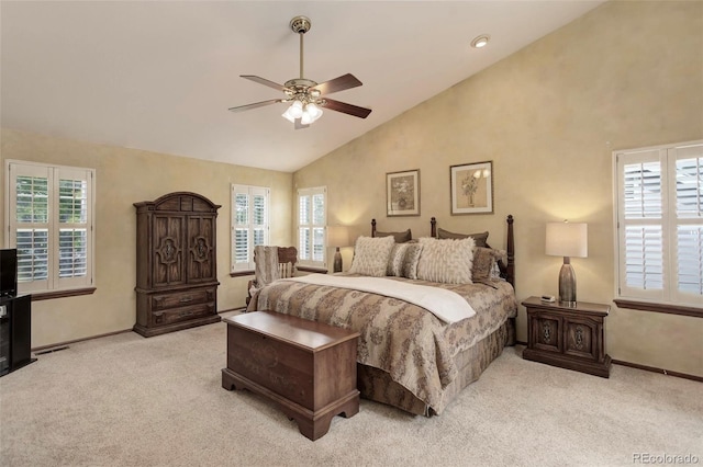 10032 Astoria Ct, Lone Tree, CO 80124 - carpeted bedroom featuring multiple windows, high vaulted ceiling, and ceiling fan