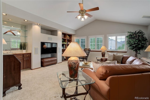 10032 Astoria Ct, Lone Tree, CO 80124 - living area with ceiling fan, light carpet, vaulted ceiling, and recessed lighting