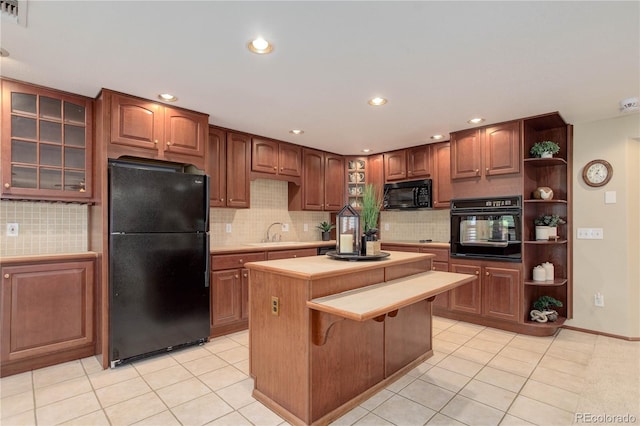 10032 Astoria Ct, Lone Tree, CO 80124 - kitchen featuring black appliances, open shelves, light tile patterned floors, light countertops, and recessed lighting