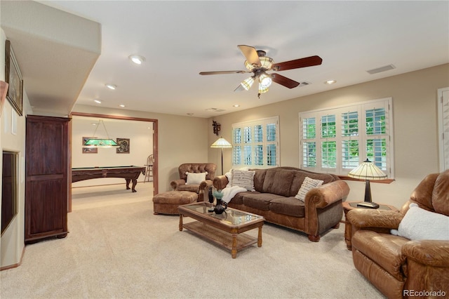 10032 Astoria Ct, Lone Tree, CO 80124 - living room featuring light colored carpet, billiards, recessed lighting, and a ceiling fan