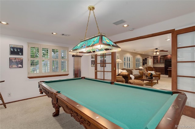 10032 Astoria Ct, Lone Tree, CO 80124 - playroom featuring billiards, recessed lighting, carpet floors, and a ceiling fan