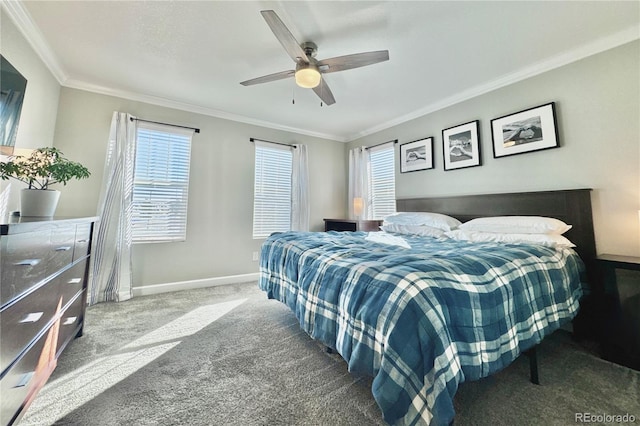 carpeted bedroom featuring multiple windows, crown molding, and ceiling fan