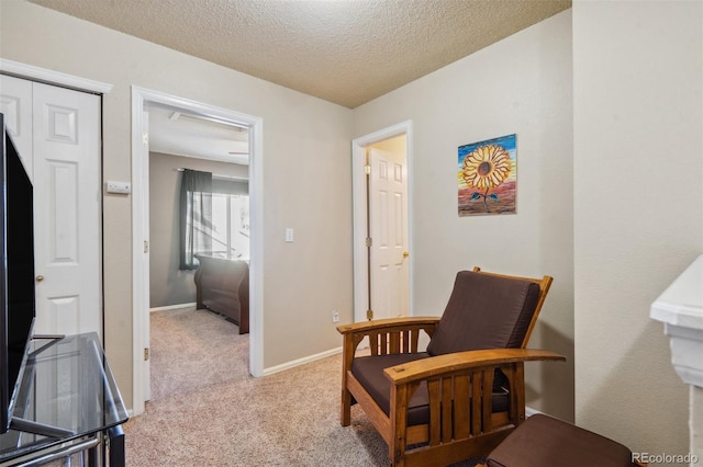 living area featuring a textured ceiling and light carpet