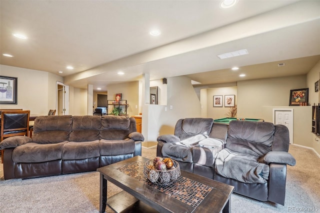 living room with billiards and light carpet