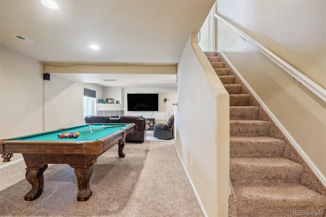 recreation room with carpet flooring and billiards