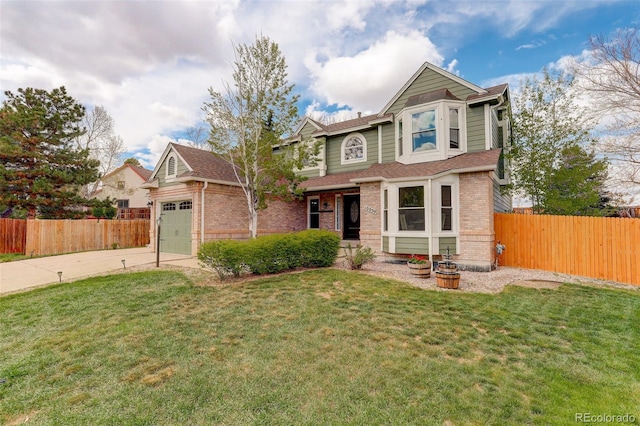 10059 Granite Hill Dr, Parker, CO 80134 - traditional-style home featuring fence, an attached garage, brick siding, driveway, and a front yard