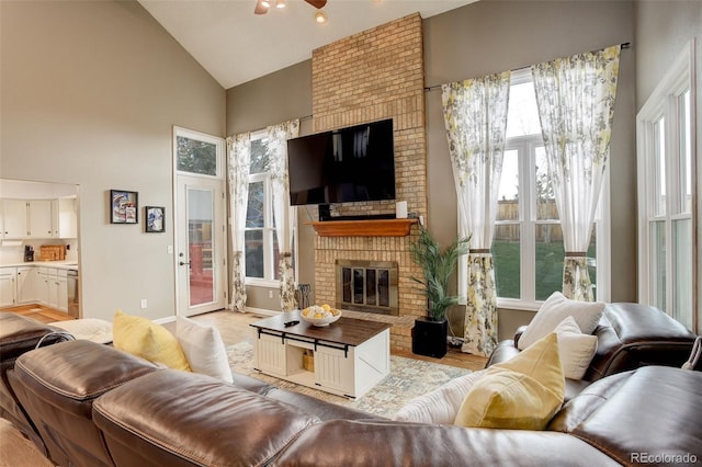 10059 Granite Hill Dr, Parker, CO 80134 - living room with a fireplace, baseboards, and high vaulted ceiling