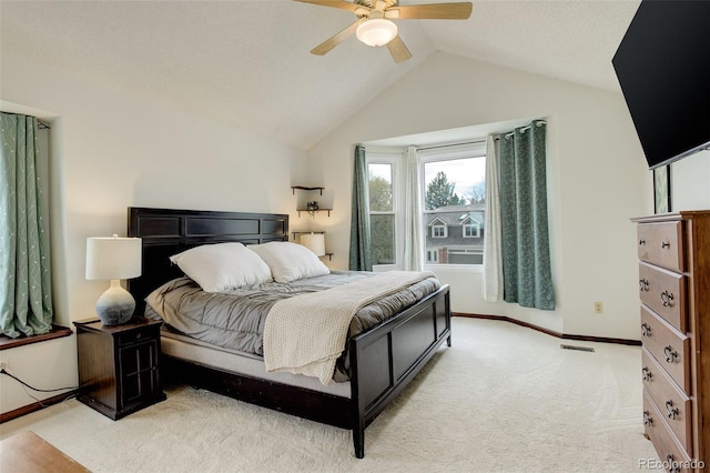 10059 Granite Hill Dr, Parker, CO 80134 - bedroom featuring carpet floors, visible vents, baseboards, ceiling fan, and lofted ceiling