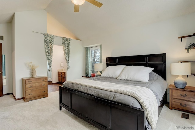 10059 Granite Hill Dr, Parker, CO 80134 - bedroom with visible vents, baseboards, ceiling fan, light colored carpet, and lofted ceiling