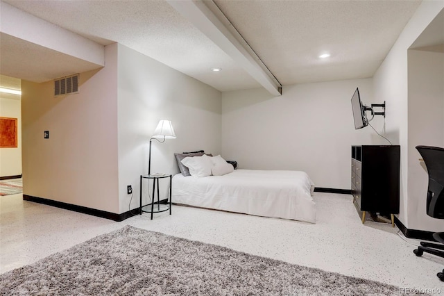 10059 Granite Hill Dr, Parker, CO 80134 - bedroom with speckled floor, beam ceiling, visible vents, baseboards, and recessed lighting