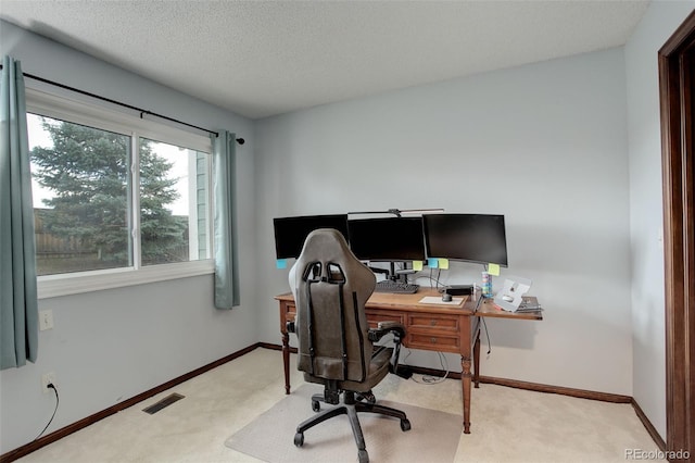 10059 Granite Hill Dr, Parker, CO 80134 - office featuring baseboards, carpet flooring, visible vents, and a textured ceiling