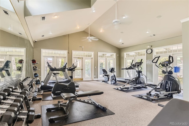 workout area with ceiling fan, carpet, french doors, and high vaulted ceiling