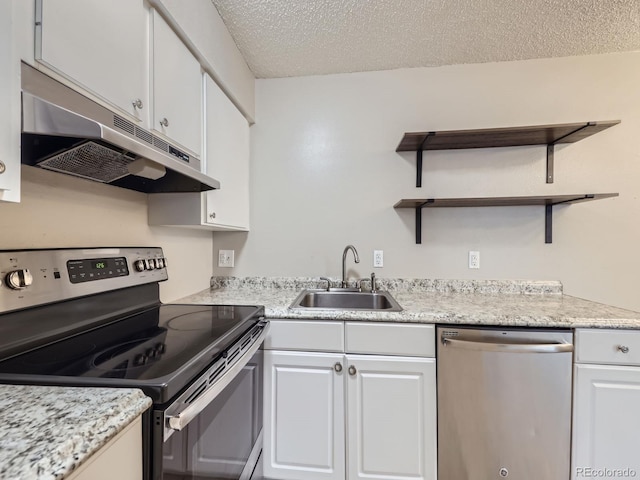 kitchen with a textured ceiling, under cabinet range hood, a sink, appliances with stainless steel finishes, and open shelves