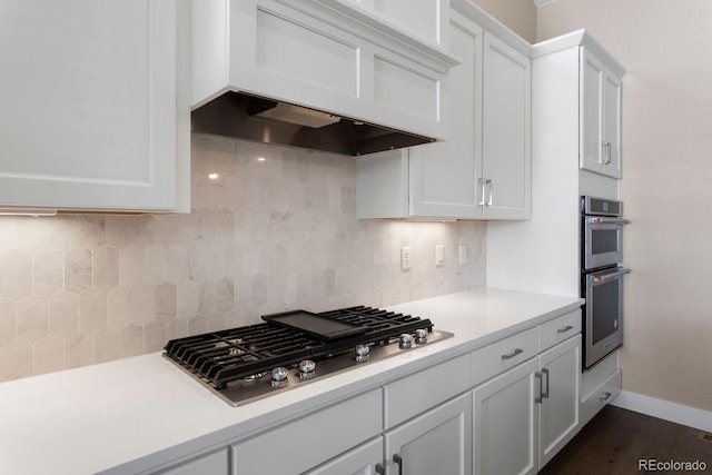 7022 Homeplace St, Castle Rock, CO 80108 - kitchen featuring custom exhaust hood, stainless steel appliances, light countertops, and white cabinetry