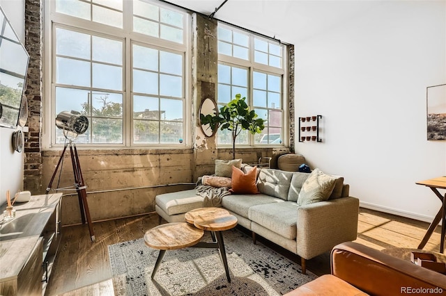 living area featuring wood walls, hardwood / wood-style floors, and a wealth of natural light