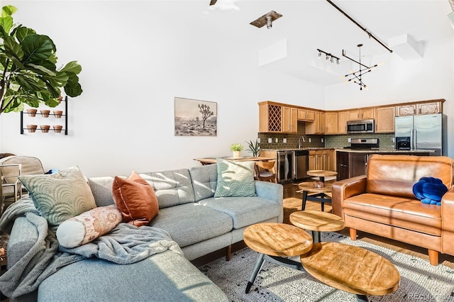 living room featuring sink and a high ceiling