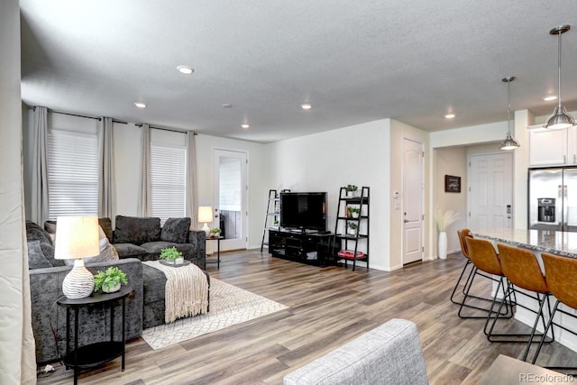 living area with a textured ceiling, baseboards, wood finished floors, and recessed lighting